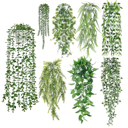 Der Rose 8Pcs Fake Plants Hanging Artificial Ivy Vine Faux Eucalyptus Hanging Plants for Home Boho Wall Shelf Indoor Outdoor Decor (White Pots) - color: White Pots-8pcs