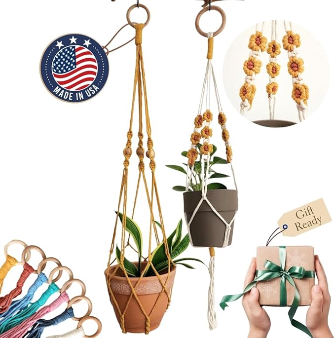 Set of 2 Macrame plant hanger with Daisies & Beads | Hanging plant holder Macrame Plant hangers outdoor and indoor hanging planters Plant stand indoor Boho Decor hanging planter stand (SunshineYellow)
