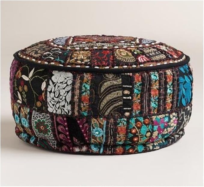 Sophia-Art Indian Embroidered Patchwork Cover Indian Decorative Comfortable Floor Cotton Cushion Ottoman Pouf, Designs Ethnic Patchwork Pouf (Black, 14"x22") (Cover Only)
