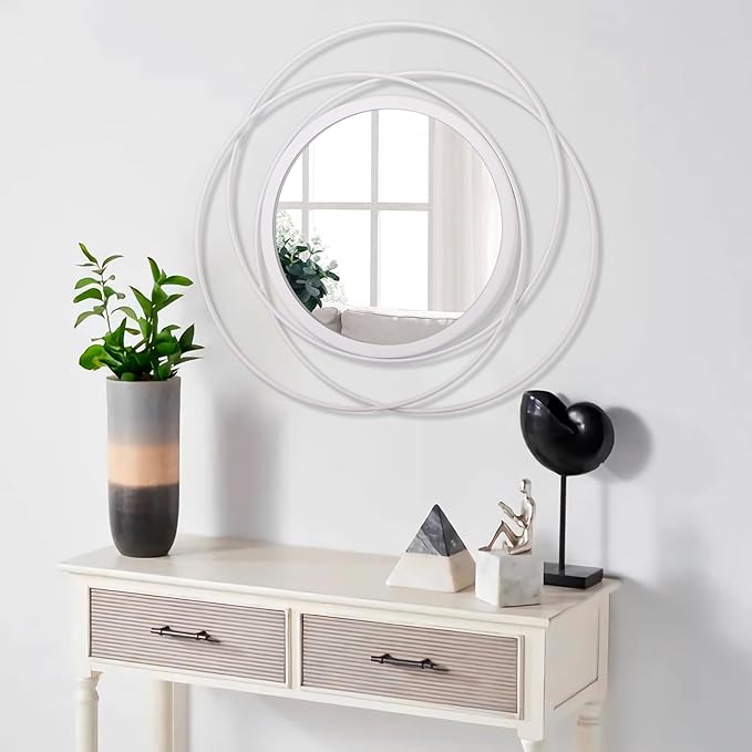 White Round Wall-Mounted Mirrors Wire Modern Metal Frame Arts Mirrors Home Decoration Hallway Bathroom Bedroom Living Room Farmhouse Entryway Large 20"