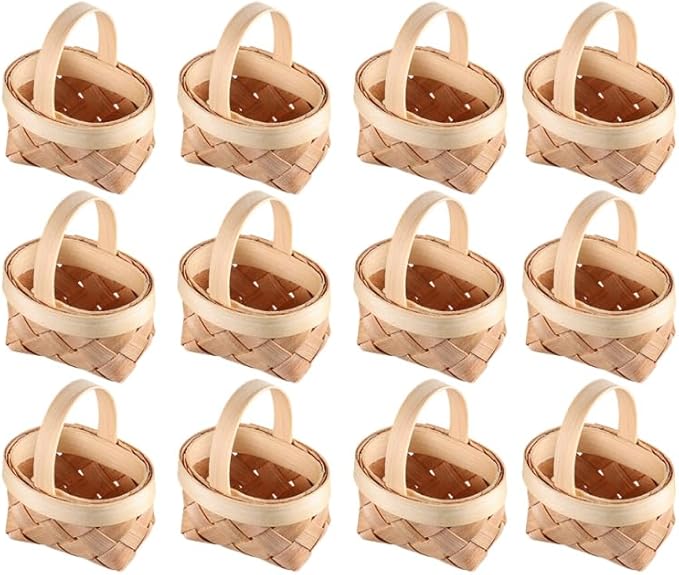 Gadpiparty 36pcs Mini Baskets Party Favor, Mini Woven Baskets With Handles, 4.72 Inch Small Tiny Wooden Candy for Weddings Holidays Easter Party Decor and Kids Crafts