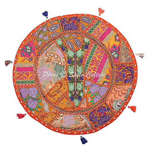 Ethnic Round Throw Pillows for Bed Vintage Patchwork Floor Cushion Cover Orange Small 18x18 Decorative Decor Seating Tuffet Seat Pouf Cover Footstool Cotton Embroidered 1 Pc - color: Orange