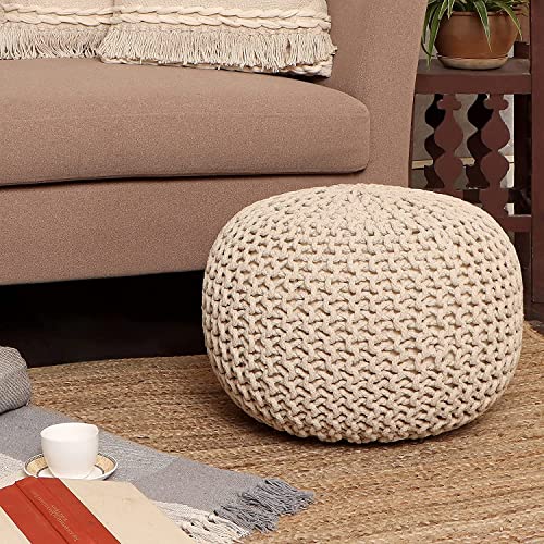 · REDEARTH · Round Pouf Ottoman - Cable Knitted Boho Poof - Home Décor Cord Pouffe Handmade Circular Footrest for Living Room - Bedroom - Kids Bedroom - 100% Cotton Pouf (18" x 18" x 14") - Ivory - color: Ivory, size: 18"D x 18"W x 14"H