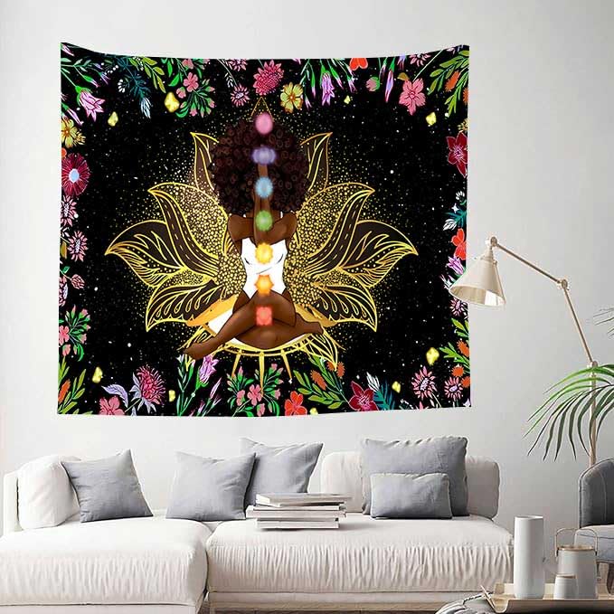 Ine Ive African Chakra Tapestry African American Woman Zen Meditation Poster Starry Sky Flower Garden Inspirational Afro Yoga Wall Art Tapestry for Bedroom Dorm Decor (60x60 inch) - size: 60x60 inch