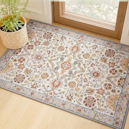 MINIDEAR 2x3 Area Rugs for Entryway Kitchen, Washable Rug Small Accent Rugs for Bedroom Non Slip Vintage Rug with Floral Print Thin Carpet Mat for Home, Daisy Gray - color: 03gray-orange, size: 2' x 3' (Rectangular)