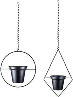Modern Metal Hanging Planters Set of 2 - Round and Diamond Geometric Plant Hangers with 5 Inch Pots - Black Wall and Ceiling Mount Flower Holders for Indoor Houseplants, Boho Home Décor