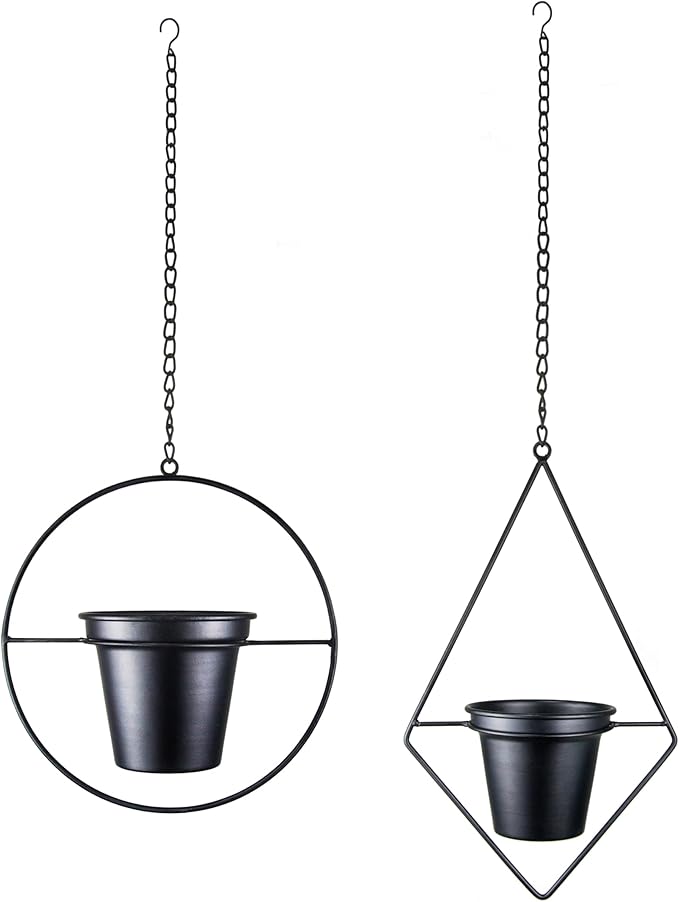 Modern Metal Hanging Planters Set of 2 - Round and Diamond Geometric Plant Hangers with 5 Inch Pots - Black Wall and Ceiling Mount Flower Holders for Indoor Houseplants, Boho Home Décor