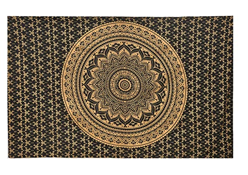 ANJANIYA Ombre Wall Hanging Bohemian Tapestry, Metallic Wall Art Bedspread, Psychedelic Hippie Mandala Dorm Décor for Hanging, Bedding, Beach Coverlet Curtain, Black Gold 85"X90" - color: Black Gold, size: 90"L x 85"W