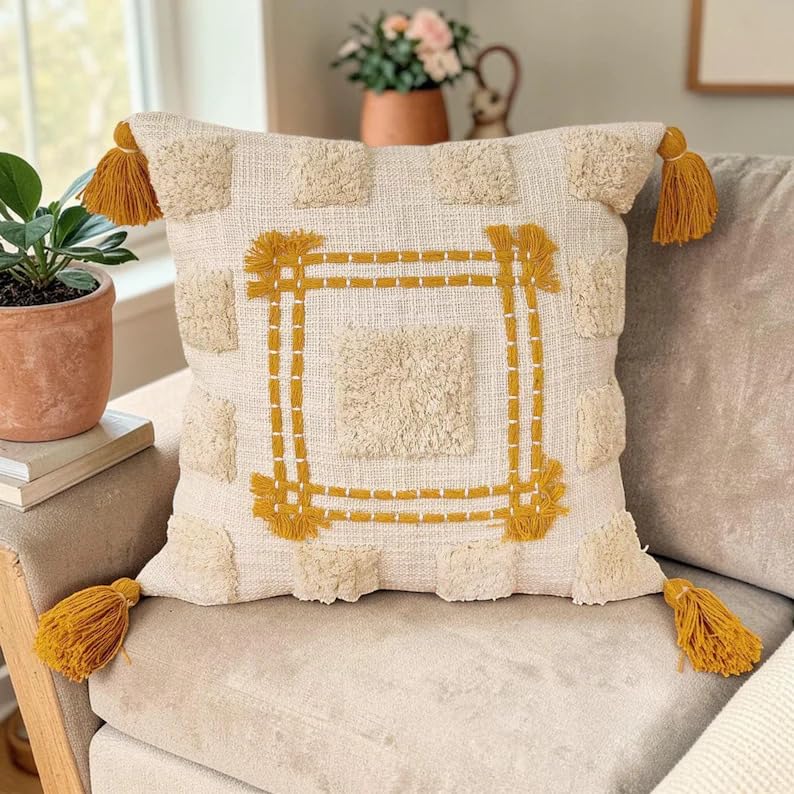 Boho Tufted Tassel Throw Pillow Cover, Mustard Yellow Geometric Square Decorative Cushion Case, Textured Woven Neutral Pillowcase for Couch Sofa Bedroom Home Decor, 18x18 Inch (Pillow Insert Not Inclu