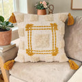 Boho Tufted Tassel Throw Pillow Cover, Mustard Yellow Geometric Square Decorative Cushion Case, Textured Woven Neutral Pillowcase for Couch Sofa Bedroom Home Decor, 18x18 Inch (Pillow Insert Not Inclu