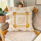 Boho Tufted Tassel Throw Pillow Cover, Mustard Yellow Geometric Square Decorative Cushion Case, Textured Woven Neutral Pillowcase for Couch Sofa Bedroom Home Decor, 18x18 Inch (Pillow Insert Not Inclu