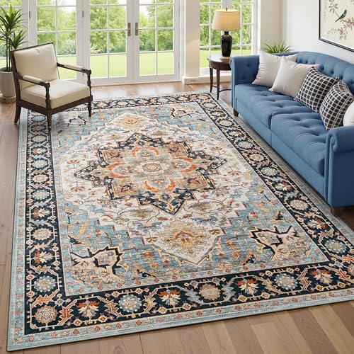Foxmas 5x7 Area Rugs for Living Room, Machine Washable Vintage Rug, Non-Slip Low Pile Throw Rugs with Rubber Backing Washable Carpet for Bedroom Dining Room Kitchen Home Decor, Wood & Blue - color: Wood & Blue, size: 5' X 7' (Rectangular)