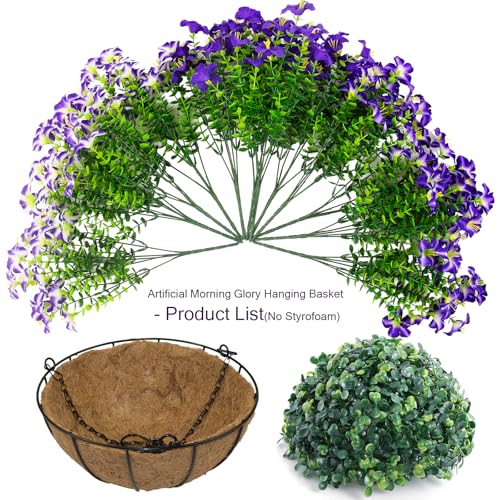2 Set Artificial Petunias Flowers with Hanging Baskets, 24 Pcs Silk Petunia UV Resistant Purple Faux Petunias Flowers with Hanging Planter for Front Door Porch Spring Outside Decor (2, Purple) - color: Purple