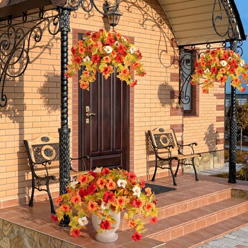 Ammyoo Artificial Fake Fall Flowers with Hanging Basket Plants for Outdoor Decoration, Silk Faux Flower UV Resistant Petunias for Home Porch Patio Garden Balcony Yard Decor Real Looking(Orange White) - color: Orange White Basket, size: 3 Pcs with Basket