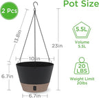 SOSMAR 2 Pack Hanging Planters, 10 Inch Hanging Pots with Visible Water Level, 6 Pcs Hooks, Decorative Flower Pot Holder with Drainage for Indoor Outdoor Use