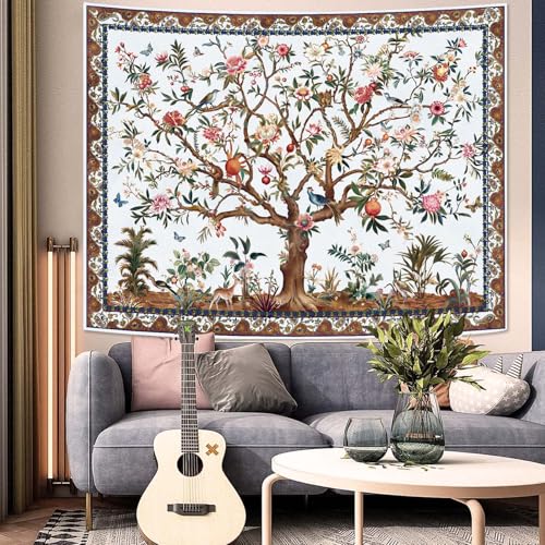Faxdong Boho Tree of LIfe Tapestry, Vintage Flower Leaves Birds Plant Animal Pattern Tapestries, Retro Indian Bohemian Aesthetic Wall Hanging White 60×80 inch - color: White, size: 80"L x 60"W