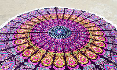 Mandala Round Beach Tapestry Hippie Mandala/Boho Decor Beach Blanket/Indian Cotton Throw Bohemian Round Table Cloth Mandala/Yoga Mat Meditation Picnic Rugs (42 Inches, Pink And Yellow) - color: Pink And Yellow, size: 42"L x 42"W