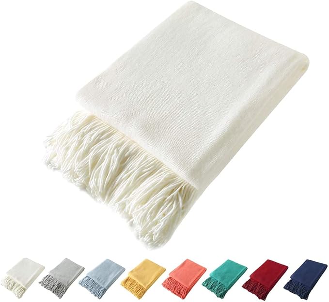 Homiest Decorative Knitted Throw with Fringe, Lightweight Acrylic Knit Blanket, Soft & Cozy Tassel Blanket for Couch, Sofa, Bed (Ivory White, 60 x 80 Inch)