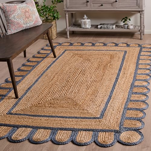 SAFAVIEH Area Rug 5x8 - Natural Fiber Collection - Natural & Blue, Handmade Jute, Ideal for Living Room, Bedroom, Dining Space (NFB125M) - color: Natural/Blue, size: 5' x 8' (Rectangular)