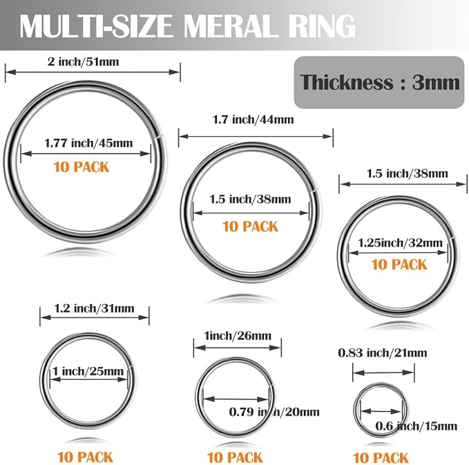 Ewparts Multi Size Metal Rings for Crafts 60 Pack Macrame Metal O Ring 3mm Thick None Welded Craft Rings for Sewing,Dog Leash,Dog Collor,Macrame Plant Hanger,Jewelry Making,Curtain,Keychain,Lanyard