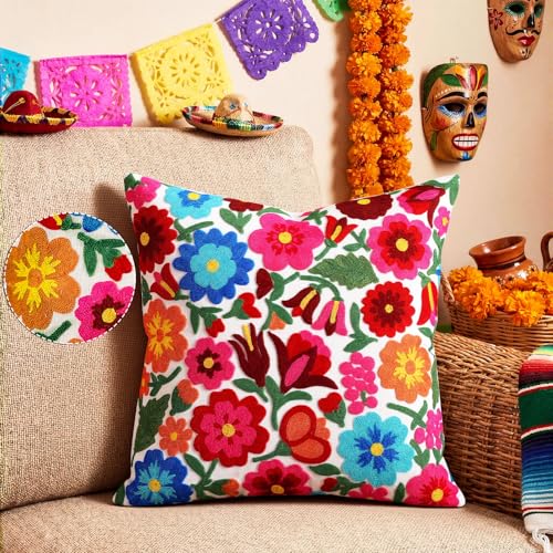 HunnmingRe Mexican Embroidered Throw Pillow with Insert 18 x 18 Inch Mexican Boho Embroidered Pillow Cover Decorative Fiesta Colorful Floral Cushion Decor for Sofa Living Room Couch Bedroom(White) - color: White