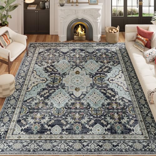 AMTOVO 8x10 Area Rugs for Living Room, Large Non-Slip Washable Rug, Boho Vintage Retro Medallion Print Pattern Carpet for Bedroom Dining Room Home Office Nursery Dorm Farmhouse, Grayish Blue - color: Grayish Blue, size: 8' x 10' (Rectangular)