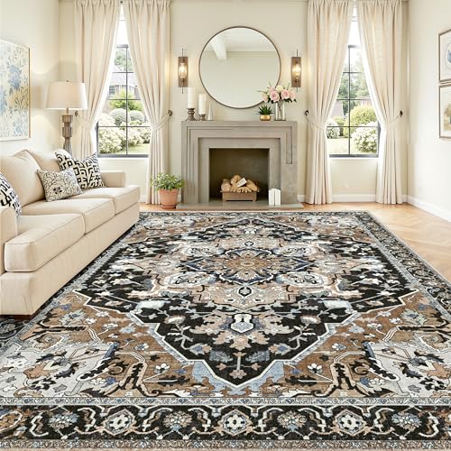 8x10 Black Farmhouse Area Rug - Vintage Boho Washable Rug - Non-Slip Stain & Tumble Resistant Large Carpet for Living Room, Bedroom, Dining Room Under Table, Black Multi - color: Black & Multi, size: 8' x 10' (Rectangular)