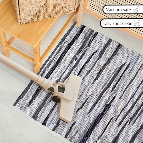 Cotton Hand Woven Chindi Rug 2x3 Feet - Charcoal, Farmhouse Stripe Reversible Throw Indoor Decorative Carpet Ideal for Entryway, Kitchen, Kids Space | Grey Small Area Floor Rag Rugs for Patio - color: Charcoal, size: 2 x 3 feet