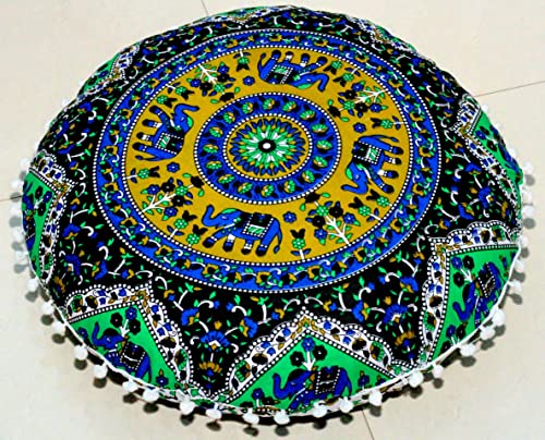 Round Mandala Floor Pillow Cover Seating Cushion Throw Cover Ottoman Pouf Cover Pom Pom Pillow Cases Hippie Decorative Bohemian Boho Indian 22 Inches (Green Blue) - color: Green Blue