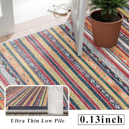 HILORUUG 4x10 Rug Washable Living Room: Non-Slip Southwestern Striped Runner for Kitchen Hallway Entry - Farmhouse Low Pile Stain Resistant Long Thin Floor Carpet 4x10 Red/Blue/Multi - color: Multi Color, size: 4x10