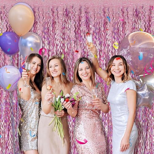 Pink Streamers Fringe Backdrop Party Decorations Tinsel Foil Fringe Curtains Wavy Sparkle Metallic Pink Curtain Photo Booth Props for Birthday Wedding Valentines Day Bachelorette Decorations - color: Pink, size: 2 Pack