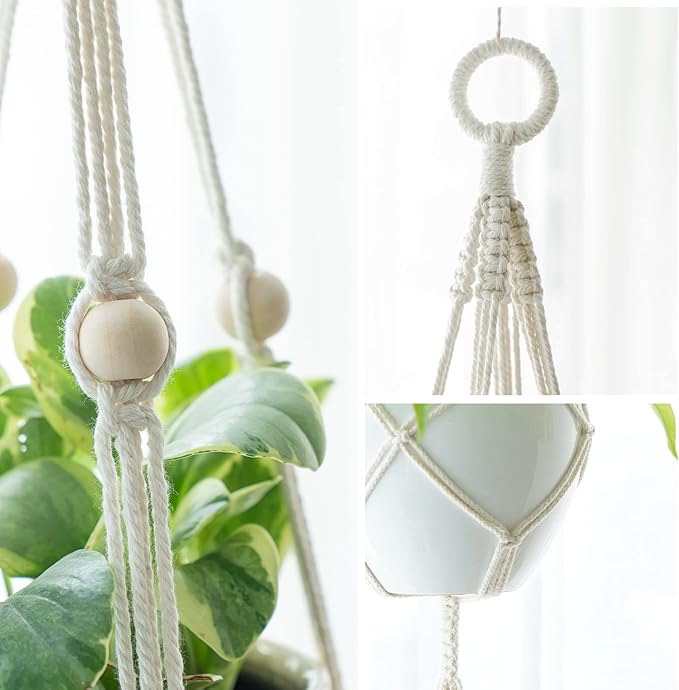 Mkono Macrame Double Plant Hanger Indoor Outdoor 2 Tier Hanging Planter Basket Cotton Rope with Beads 4 Legs 49 Inches