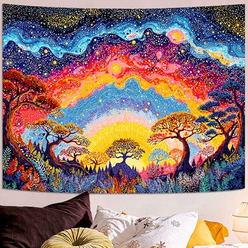 Spenlife Nebula Sunrise Forest Wall Tapestry, Trippy Colorful Sky Tapestries for Bedroom Decor, Dreamlike Tapestry 60x44 Inch - color: Blue, size: 60"L x 44"W