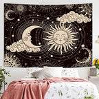 Wonrizon Sun and Moon Tapestry, Aesthetic Black Dark Spiritual Tapestries Mystic Burning Sun with Clouds Star Wall Hanging decor for Bedroom (70.9" x 94.5") - size: 94.5"L x 70.9"W