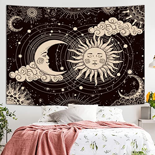 Wonrizon Sun and Moon Tapestry, Aesthetic Black Dark Spiritual Tapestries Mystic Burning Sun with Clouds Star Wall Hanging decor for Bedroom (70.9" x 94.5") - size: 94.5"L x 70.9"W