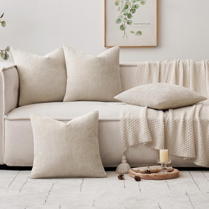 MIULEE Pack of 4 Couch Throw Pillow Covers 18x18 Inch Cream Soft Decorative Chenille Pillow Covers Farmhouse Accent Cushion Covers for Boho Spring Home Decor Sofa Bedroom Living Room - color: Cream, size: 18" x 18" (Pack of 4)