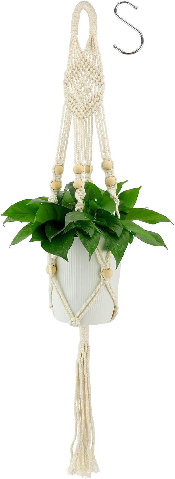 Hanging Planter, Macrame Plant Hanger, Indoor/Outdoor, Large, White, Round, Boho Style