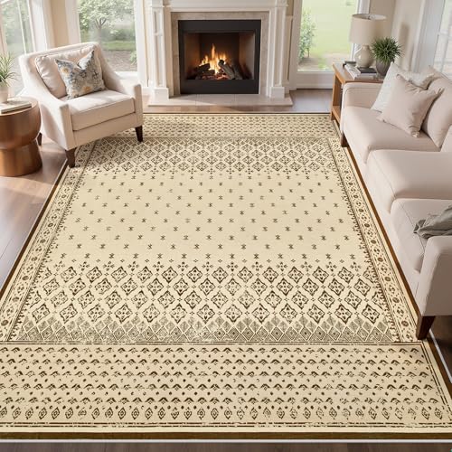 Joydeco Vintage Large Area Rug for Living Room, Washable Rugs 8x10 for Bedroom Non Slip, Neutral Boho Geometric Soft Low-Pile Floor Indoor Throw Carpet for Dining Dorm Playroom, Beige - color: Beige, size: 8' x 10' (Rectangular)