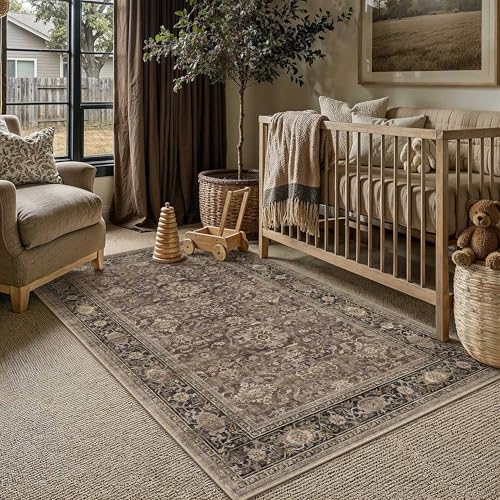 HUGEAR Brown Washable 4x6 Area Rugs for Living Room Bedroom Vintage Distressed Neutral Rug Carpet Durable Soft Non Slip & Shedding Stain Resistant Low Pile Indoor Home Decor - color: Retro | Brown, size: 4' x 6' (Rectangular)