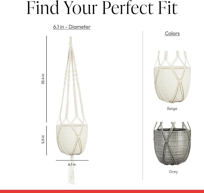 Scheurich Corteza Sky Vainilla Ceramic 6.1" Hanging Planter – with 35.4" Macramé Hanger - Waterproof - Boho Decorative Hanging Basket for Indoor Plants, Succulents&Flowers - Made in Germany - 0.7 gl