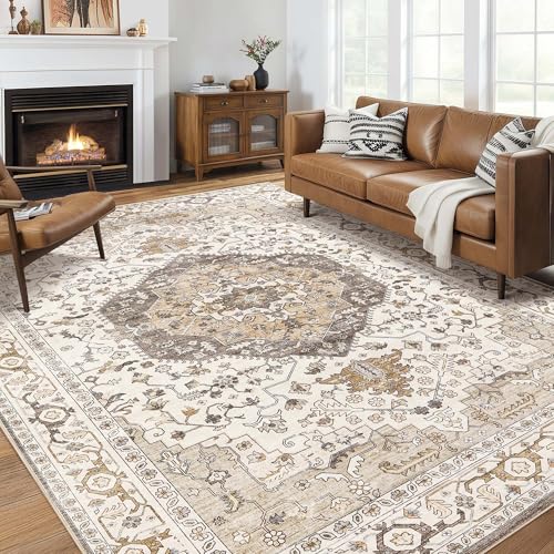 Area Rug for Living Room - 9x12 Soft Washable Oriental Vintage Floral Distressed Large Carpet - Fade Stain Resistant Non Slip Rugs for Bedroom Dining Room Nursery Dorm Office Home Decor-Camel/Beige - color: Camel/Beige, size: 9' x 12' (Rectangular)