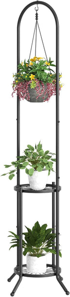 BMOSU Plant Stand with Hooks Indoor Outdoor Corner Tall Plant Stand Heavy-Duty Metal 3-Tier Plant Shelf Holder Rack for Patio Garden Balcony Living Room Bedroom(circular Black)