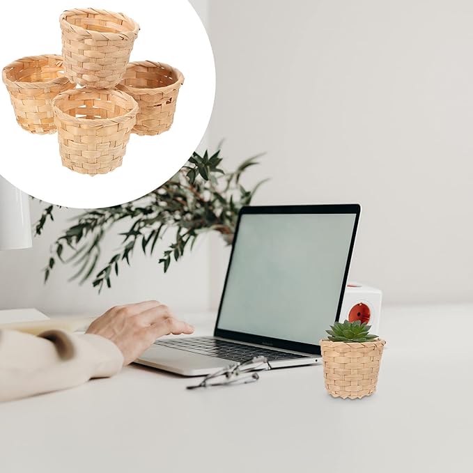 10pcs Small Woven Baskets Desktop Small Flower Pot Wicker Basket Succulent Planters Pencil Holder Portable Wicker Desk Organizer for Desktop Storage Garden Decor, 7.5x7.5x6cm