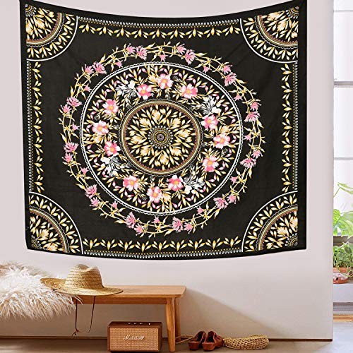 ANJANIYA Floral Wall Hanging Boho Tapestry, Mandala Dorm Décor Tapestry for Room, Beach, Wall, Psychedelic Hippie Wall Hanging Décor and Beach Coverlet Curtain (Black, 54"X60") - color: Black, size: 60"L x 54"W