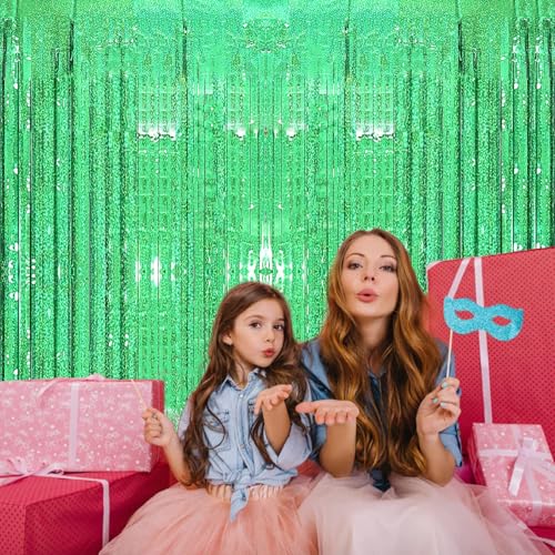 2 Pack 3.2ft x 8.2ft Green Foil Fringe Curtain, Metallic Tinsel Foil Fringe Rain Curtain Streamers Photo Backdrop for St Patricks Day Decorations Birthday Christmas Jungle Safari Tropical Party Decor - color: Green
