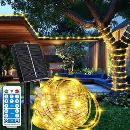 LairtPOW Solar Rope Lights with Remote for Palm Tree,39FT 100LEDs Outdoor Solar Strip Lights for Garden,IP67 Waterproof,USB Charging, Timing & 8 Modes Larger Tube Fairy Light for Christmas(Warm White) - color: Brighter-Warm White, size: 100 LED