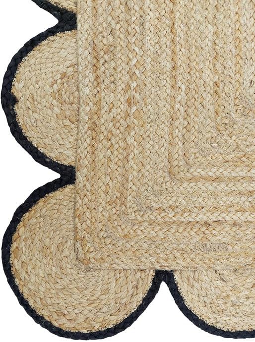 Weaving Cottage Scalloped Natural Jute Area Rug | Beige & Black, 2X3 FT Handwoven Jute Doormat | Eco-Friendly, Durable, and Stylish | Perfect for Living Room, Bedroom, and Entryway