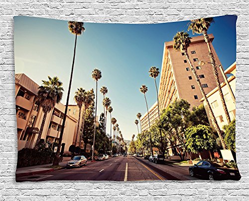 Ambesonne Urban Tapestry, Street in Beverly Hills CaliforniPalm Trees Houses Famous City Photo, Wide Wall Hanging for Bedroom Living Room Dorm, 60" X 40", Pale Blue Peach Green - color: Blue Peach, size: 60"L x 40"W