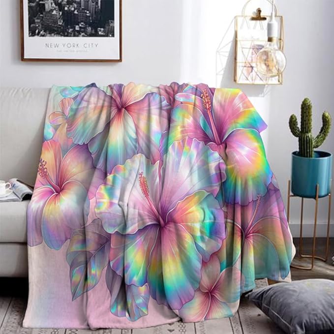 Rainbow Hibiscus Throw Blanket Soft Flannel Fleece Bed Blanket Tropical Flowers Hibiscus Throw Blanket All Season Warm Fuzzy Light Weight Cozy Plush Blankets for Living Room Bedroom 30"x40"