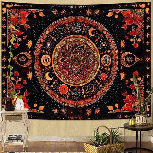 Lunerfex Mandala Moon and Stars Tapestry Boho Tapestry for Bedroom Black and Orange Tapestries Wall Hanging Living Room Wall Art and Home Decor 60x80 - color: Red, size: 80"L x 60"W